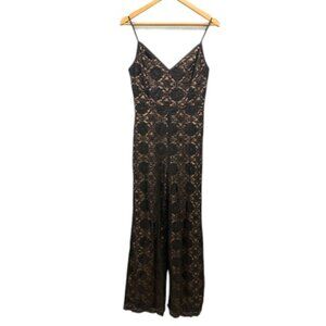 Mahina Lace Wide Leg Jumpsuit Womens L Black Nude Lined Floral‎ Spaghetti Strap